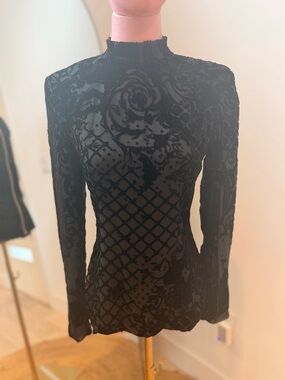 Balmain x H&M Black Velvet Floral Long-Sleeve Mock Neck Top